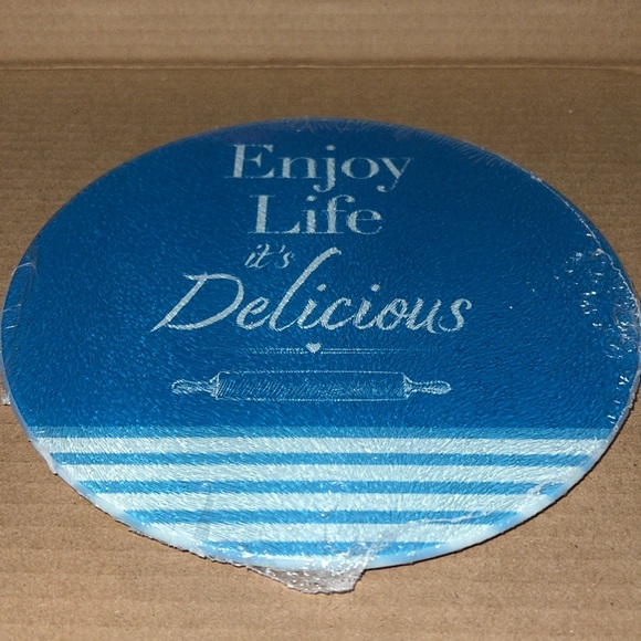 “Enjoy Life it’s Delicious” Blue Striped Cooking Concepts Glass Cutting Board - Picture 4 of 5